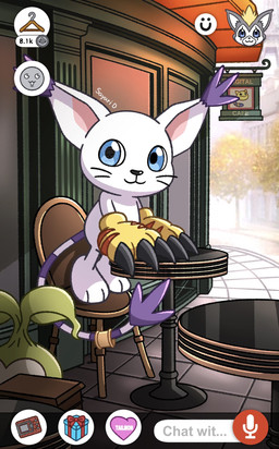 anthro blue_eyes cafe chair chat_box duo eye_reflection female fur furniture glistening glistening_eyes looking_aside on_chair outside parody reflection sign smile solo_focus standing_on_chair table user_interface whiskers white_body white_fur sayuri_d bandai_namco digimon talking_tom_and_friends betsumon digimon_(species) felid feline gatomon kozenimon mammal monster nyaromon plant_monster tanemon tobucatmon hi_res