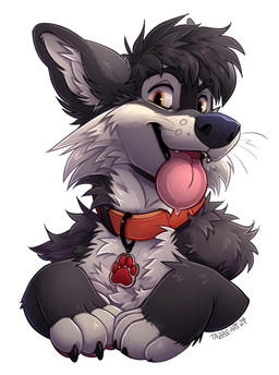 anthro black_body black_fur collar collar_pull collar_tag fur licking looking_at_viewer male open_mouth orange_collar pawpads pink_pawpads self_lick solo tongue tongue_out white_body white_fur yellow_eyes tazara zet_soku canid canine canis mammal wolf absurd_res hi_res