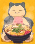 bowl container duo eyes_closed fangs food male relaxing simple_background sitting smile steam teeth ara_love_kirby kirby_(series) nintendo pokemon kirby alien generation_1_pokemon pokemon_(species) snorlax waddling_head 4:5 crossover hi_res