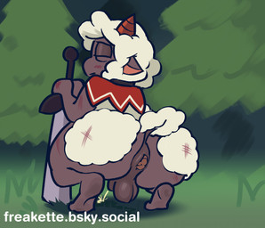 2_horns anthro anus balls big_anus big_butt black_eyes blush blush_lines bodily_fluids breath brown_horn butt capelet capelet_only clothing crouching crowning_feces evergreen_tree feces flaccid fur genital_fluids genitals grass grey_anus grey_balls grey_body grey_ears grey_penis grey_skin half-closed_eyes holding_melee_weapon holding_object holding_sword holding_weapon horn huge_butt male male_anthro male_peeing male_pooping melee_weapon mostly_nude mostly_nude_anthro mostly_nude_male narrowed_eyes nature open_mouth outside peeing penis pine_tree plant red_capelet red_clothing scratches short_horn small_horn solo sword tail teeth text tree urine urine_stream weapon white_body white_fur white_tail wool_(fur) freakette cult_of_the_lamb massive_monster_(studio) lamb_(cult_of_the_lamb) bovid caprine domestic_sheep mammal sheep 2025 hi_res url