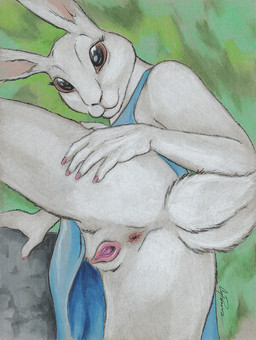 anatomically_correct anatomically_correct_genitalia anatomically_correct_vulva animal_genitalia animal_vulva anthro anus big_eyes butt clitoris clothed clothing dress female fur genitals lagomorph_genitalia lagomorph_vulva looking_at_viewer looking_back raised_leg raised_tail solo spread_legs spreading tail upskirt vulva white_body white_fur coypowers lagomorph leporid mammal rabbit 2015 hi_res traditional_media_(artwork)