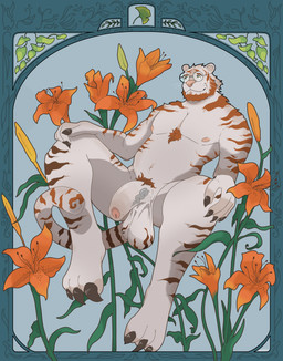 3_toes anthro art_nouveau balls beard big_balls big_penis chest_tuft detailed_background eyewear facial_hair feet flower foreskin fur genitals glasses huge_balls male nails nipples nude orange_body orange_fur penis plant pubes solo striped_balls striped_body striped_genitalia stripes toes tuft vein wearing_glasses white_body fructosed felid mammal pantherine tiger 2025 absurd_res hi_res