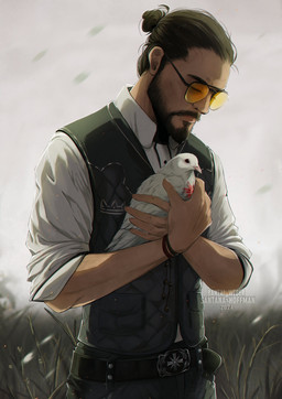 ambiguous_gender beady_eyes beak beard black_beard black_clothing black_facial_hair black_hair black_topwear black_vest clothed clothing detailed_background duo eyes_closed eyewear facial_hair feathers feral glasses grass hair holding_another male mouth_closed outside plant realistic standing tan_body tan_skin text tinted_glasses topwear vest white_body white_clothing white_feathers white_topwear santanahoffman far_cry far_cry_5 ubisoft joseph_seed avian bird columbid dove human mammal 2024 absurd_res artist_name dated detailed half-length_portrait hi_res portrait