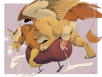 ahegao animal_genitalia animal_penis anus armpit_hair balls beak bodily_fluids body_hair breath breeding_mount brown_body butt cum cum_drip cum_on_ground digitigrade dripping ejaculation feathered_wings feathers feet feline_genitalia feline_penis feral genital_fluids genitals logo looking_pleasured male male_penetrating messy multicolored_body orgasm orgasm_face penetration penile_spines penis quadruped solo tail tail_tuft talons thin_tail toes tongue tongue_out tuft two_tone_body wings yellow_body molnyshko mythology avian gryphon mythological_avian mythological_creature artist_logo digital_media_(artwork) hi_res