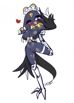 anthro armwear avian_feet big_breasts black_clothing black_eyes black_nose blue_body blue_fur bottomless breasts cleavage clothed clothing collar control_collar detached_sleeves ear_piercing eyeshadow featureless_crotch female floppy_ears forehead_gem front_view fur gem heart_eyes heart_symbol long_sleeves looking_at_viewer lop_ears maid_headdress maid_uniform makeup markings navel on_one_leg one_eye_closed open_mouth open_smile piercing prosthetic prosthetic_leg prosthetic_limb red_eyeshadow simple_background skimpy smile solo standing thick_thighs uniform white_background white_markings wide_hips wink winking_at_viewer sanspapirusppap nine_sols red_candle_games goumang_(nine_sols) felid feline mammal solarian hi_res