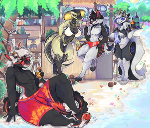 4_toes 5_fingers alcohol anthro barefoot beach beach_bar beachwear beverage big_breasts bikini bikini_bottom bikini_top black_body breasts cigarette claws cleavage clothed clothed_anthro clothed_female clothed_male clothing digit_ring feet female fingers fur group hair jewelry lounging machine male multicolored_body nipples non-mammal_breasts outside ring sand scales seaside sitting smoking snake_hood swimming_trunks swimwear tail thick_thighs toe_claws toe_ring toes topless topless_anthro topless_male two-piece_swimsuit waiter water snowfoxy66 mythology canid canine canis cobra dragon eastern_dragon mammal mythological_creature mythological_scalie protogen reptile scalie snake wolf digital_media_(artwork) hi_res