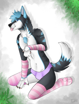 anthro arm_warmers armwear blep blue_eyes bulge clothing femboy fur legwear looking_at_viewer male multicolored_body multicolored_fur panties pawpad_outline pawpads pink_clothing pink_pawpads pink_underwear raised_arm smile smiling_at_viewer solo thigh_highs tongue tongue_out underwear samuelwolfo lupus_carnifex canid canine canis mammal wolf hi_res