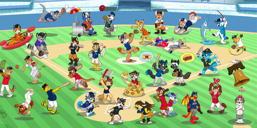 2_tails anthro axe ball barefoot baseball_(ball) baseball_(sport) baseball_bat baseball_cap baseball_field baseball_glove baseball_uniform bat_(object) bell black_clothing black_nose black_topwear blonde_hair blue_body blue_clothing blue_fur blue_hair blue_topwear bottle bottomless bottomwear bowling_ball brown_hair clothed clothing container facial_spots fangs featureless_crotch feet female female_anthro footwear fur grey_body grey_fur group hair hat headgear headwear holding_axe holding_bottle holding_container holding_melee_weapon holding_object holding_paddle holding_sword holding_weapon large_group logo male male_anthro markings melee_weapon multi_tail orange_body orange_clothing orange_fur orange_hair orange_topwear outside pants pink_nose red_bottomwear red_clothing red_topwear sandals shoes short_hair speech_bubble sport sportswear spotted_arms spotted_face spotted_legs striped_arms striped_legs striped_markings striped_tail stripes sword tail tail_markings teeth topwear umbrella uniform weapon white_body white_bottomwear white_clothing white_fur white_hair white_pants yellow_body yellow_fur young young_anthro young_male pandapaco mythology nintendo pokemon aquatic avian canid canine canis dragon felid fox generation_1_pokemon gryphon lion mammal mouse murid murine mythological_avian mythological_creature mythological_scalie pantherine pokemon_(species) procyonid raccoon raichu reptile rodent scalie snake snow_leopard species_request tiger wolf artist_logo hi_res signature