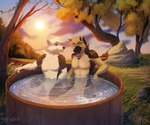 anthro detailed_background duo eyes_closed hot_tub male nature nature_background outside plantigrade relaxed_expression wilderness mekaska asher_(gshep) decker_(deckershepherd) canid canine canis domestic_dog german_shepherd herding_dog mammal pastoral_dog 6:5 absurd_res digital_media_(artwork) digital_painting_(artwork) hi_res