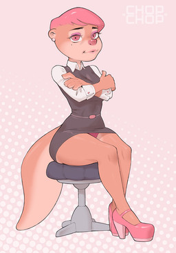 5_fingers anthro black_eyebrows bottomwear breasts clothed clothing countershade_face countershade_neck countershade_tail countershading dress ear_piercing ear_ring eyebrows eyeshadow female fingers footwear fur furgonomics furniture hair high_heels makeup panties panty_peek pencil_skirt piercing pink_clothing pink_eyes pink_eyeshadow pink_footwear pink_hair pink_high_heels pink_nose pink_shoes ring_piercing secretary shoes skirt solo stool tail tail_through_skirt tan_body tan_fur text underwear chopchop paper_clip_(chopchop) mammal mustelid otter 2025 artist_name