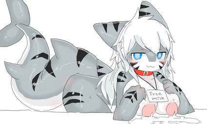big_breasts big_tail bodily_fluids breast_milking breast_squish breasts butt collar female lactating leaking_milk looking_at_viewer nipples simple_background solo squish tail touching_breast white_background chano changed_(video_game) free_milk_(meme) tiger_shark_(changed) aquatic felid fish hybrid mammal pantherine shark tiger hi_res