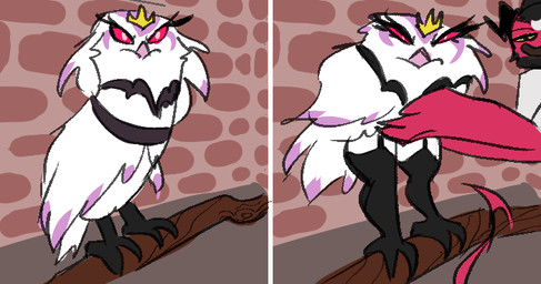 angry beak black_body black_feathers branch brick brick_wall clothing crown duo feathers female feral feralized gold_crown grumpy headgear leggings legwear lingerie looking_at_viewer pink_beak pink_body pink_feathers pupils red_eyes spade_tail tail toony wall_(structure) white_body white_feathers white_pupils artblush hellaverse helluva_boss stella_(helluva_boss) avian avian_demon bird demon imp owl owl_demon 2021 meme