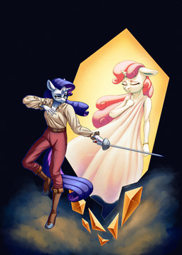 anthro anthrofied blue_eyes boots bottomwear breasts clothed clothing dress duo eyebrows eyelashes eyes_closed eyeshadow female fingers footwear hair horn long_hair makeup melee_weapon multicolored_hair pants pink_hair purple_hair purple_tail raised_leg rapier shirt shoes sword tail topwear two_tone_hair unicorn_horn weapon white_body silverhopexiii friendship_is_magic hasbro my_little_pony mythology rarity_(mlp) sweetie_belle_(mlp) equid equine mammal mythological_creature mythological_equine unicorn absurd_res full-length_portrait hi_res portrait sibling_(lore) sister_(lore) sisters_(lore)