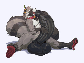anthro balls big_balls big_penis bodily_fluids clothing collar ear_piercing ear_ring erection flexible flip_flops footwear fur genitals grey_body grey_fur huge_balls huge_penis humanoid_genitalia humanoid_penis hyper hyper_balls hyper_genitalia hyper_penis male markings open_mouth penis piercing pink_eyes ring_(marking) ring_piercing ringed_tail sandals shoes simple_background solo splits spread_legs spreading striped_markings striped_tail stripes sweat sweatdrop tail tail_markings thick_thighs white_background wide_hips concosive mammal procyonid raccoon 4:3 absurd_res hi_res