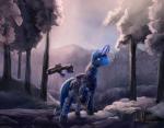 ambiguous_gender blue_body blue_eyes blue_fur clothed clothing detailed_background eyewear feral fur gun hooves horn outside ranged_weapon solo standing weapon viwrastupr hasbro my_little_pony mythology fan_character flint_(flintexp) equid equine mammal mythological_creature mythological_equine unicorn hi_res