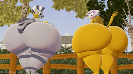 anthro anthrofied beak big_butt blue_eyes brown_body butt duo ear_piercing ear_ring feathers female gold_(metal) grey_body huge_butt huge_hips hyper hyper_butt hyper_hips jewelry looking_back piercing plant raised_tail ring_piercing smile striped_body stripes tail thick_thighs tree white_body white_feathers wide_hips wings pinkierawr friendship_is_magic hasbro my_little_pony mythology gilda_(mlp) zecora_(mlp) avian equid equine gryphon mammal mythological_avian mythological_creature zebra 16:9 3d_(artwork) digital_media_(artwork) hi_res widescreen