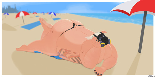 anthro arm_hair ass_up beach bedroom_eyes belly belly_tattoo big_belly big_butt birthmark body_hair butt butt_hair chest_hair clothing colored_nails feet front_view gas_mask hair head_on_hand leg_hair light looking_at_viewer lying male markings mask nails narrowed_eyes on_front outside overweight overweight_male ponytail raised_leg sea seductive shoreline solo speedo sunlight swimwear tattoo thong towel umbrella underwear water wearing_mask ottorb blizzard_entertainment overwatch roadhog_(overwatch) domestic_pig mammal suid suine sus_(pig) 2:1 absurd_res hi_res