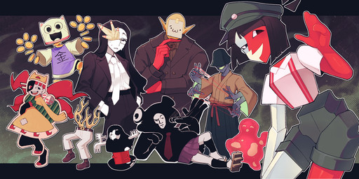 ambiguous_gender anthro bald belt black_hair bottomwear clothing coin costume dress female group hair hat headgear headwear humanoid_pointy_ears male pants pointy_ears red_body red_skin shirt shorts smile split_color_body topwear white_body white_skin young nnickykunn ena:_dream_bbq ena_(series) coral_glasses_(ena) dratula_(ena) ena_(dream_bbq) froggy_(ena) kane_(ena) taski_maiden_(ena) the_suspicious_man_(ena) walking_pants_(ena) amoeba_(organism) amoeba_guy_(ena) animal_humanoid anthozoan anthozoan_humanoid aquatic aquatic_humanoid cnidarian cnidarian_humanoid coral_humanoid domestic_cat ena_(species) felid feline felis human humanoid jinx_(ena) mammal taski_maiden_companion vampire 2:1 hi_res
