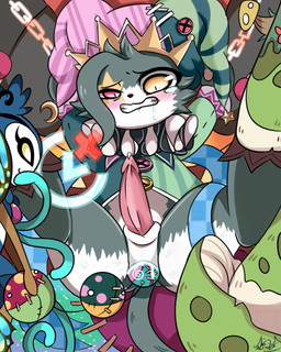 anal_beads blush bodily_fluids bound chain chained clothing drooling genital_fluids genitals group jester male penis precum saliva sex_toy trio narwhal69 cat_busters domestic_cat felid feline felis mammal 4:5 hi_res