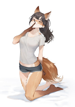barefoot black_hair bottomwear breasts brown_body brown_fur clothing feet female fur hair kneeling looking_at_viewer pawpads shirt shorts simple_background smile solo species_transformation tail topwear transformation white_background white_clothing white_shirt white_topwear ora_ozen canid canine fox human mammal 2025 digital_media_(artwork)
