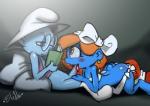 blue_body blue_skin blush butt clothing duo ear_piercing erection female genitals hair happy humanoid_on_humanoid male male/female not_furry oral penis piercing reading tail tongue bleats the_smurfs archivist_smurf fan_character sexy_smurf humanoid mammal smurf