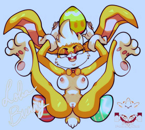 anthro areola big_breasts big_ears blue_eyes bow_tie breasts buckteeth cheek_tuft clothing cuffs_(clothing) easter_egg eyelashes facial_tuft female front_view fur genitals gloves handwear head_tuft holidays long_ears navel nipples nude open_mouth open_smile orange_body orange_bow_tie orange_fur pawpads pink_areola pink_nipples pink_nose smile solo spread_legs spreading tan_body tan_fur teeth thick_thighs tuft vulva white_clothing white_gloves white_handwear wide_hips cosmicpussycat easter looney_tunes warner_brothers lola_bunny lagomorph leporid mammal rabbit absurd_res hi_res