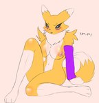 anthro barefoot biped breasts feet female fur leg_markings looking_at_viewer looking_pleasured markings nipples presenting simple_background sitting smile socks_(marking) solo yellow_body yellow_fur artply bandai_namco digimon canid digimon_(species) mammal renamon hi_res