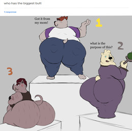 angry anthro big_butt black_eyes black_nose blue_bottomwear blue_clothing blue_eyes blue_pants bottomwear brown_body brown_clothing brown_ears brown_fur brown_hair brown_nose brown_tail brown_topwear brown_vest butt clothed clothing comparing comparing_butts competition cross-popping_vein crossed_arms dialogue exclamation_point eyes_closed fur grey_clothing grey_robe group hair half-closed_eyes huge_butt looking_at_viewer looking_back magic_staff magic_user male multicolored_body multicolored_clothing multicolored_fur multicolored_robe multicolored_shirt multicolored_t-shirt multicolored_topwear narrowed_eyes pants pose purple_clothing purple_robe purple_shirt purple_t-shirt purple_topwear q&a question_mark raised_hand rear_view robe sharp_teeth shirt short_tail sitting smile staff standing t-shirt tail teeth text thick_thighs tongue topwear trio tusks two_tone_clothing two_tone_robe two_tone_shirt two_tone_t-shirt two_tone_topwear vest white_body white_clothing white_ears white_fur white_hair white_shirt white_t-shirt white_tail white_topwear colossalstars bradford_(colossalstars) grizzwald_silverheart_(colossalstars) hogwrath_(colossalstars) bear canid canine canis domestic_dog domestic_pig mammal suid suine sus_(pig) 2025 absurd_res digital_media_(artwork) english_text hi_res