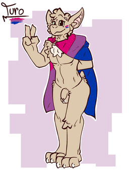 anthro balls bat_ears bat_tail bisexual_pride_colors bottomless bottomless_anthro bottomless_male cloak cloak_only clothed clothing fur genitals green_eyes humanoid_genitalia humanoid_penis lgbt_pride male mostly_nude mostly_nude_anthro mostly_nude_male penis pride_color_clothing pride_color_flag pride_colors simple_background smile solo standing tail tan_body tan_fur tuft judasthesinner lgbt_pride_month turo_of_akesh bat desert_long-eared_bat mammal wingless_bat 3:4 digital_media_(artwork) hi_res
