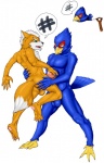 anthro anthro_on_anthro balls beak blue_balls blue_body blue_feathers bodily_fluids butt cum duo erection feathers fur genital_fluids genitals glans handjob humanoid_genitalia humanoid_penis interspecies male male/male nude orange_balls orange_body orange_fur pawpads paws penile penis perineum pink_glans pink_penis precum sex simple_background tail tail_feathers white_background white_body white_fur yellow_beak kp-yoshi angry_birds nintendo rovio_entertainment sega star_fox falco_lombardi fox_mccloud avian bird canid canine fox mammal