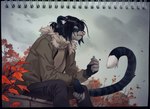 5_fingers anthro black_hair clothed clothing female fingers hair orange_eyes sitting orphen-sirius felid feline mammal traditional_media_(artwork)