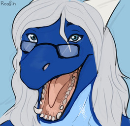 ambiguous_gender anthro blue_background blue_body blue_eyes blue_scales eyewear fangs front_view glasses glistening glistening_eyes hair horn looking_at_viewer mouth_shot open_mouth rectangular_glasses red_tongue scales simple_background solo teeth tongue white_hair white_horn roobin mythology dragon mythological_creature mythological_scalie scalie bust_portrait colored_sketch portrait signature sketch