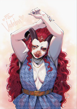 arms_above_head belt breasts cleavage clothed clothing crown curled_horn curly_hair female hair headgear horn lips long_hair red_hair simple_background slightly_chubby solo tiara topwear blackberreh humanoid mammal absurd_res digital_media_(artwork) hi_res