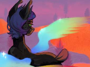 energy_wings female feral green_eyes hair iridescent iridescent_wings nude outside purple_hair rainbow_wings solo sunset unusual_anatomy unusual_wings wings grumpmuzzle felid feline mammal 2020 4:3 colorful_theme