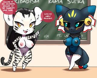 anthro bell big_breasts blue_body blue_eyes blue_fur breasts chalkboard chibi clothing dark_sclera dialogue duo female fur gloves handwear huge_breasts legwear markings multi_tail pointer ribbons scarf stockings stripes tail tan_body tan_fur white_body white_fur yellow_eyes furball mikomon xie_ling canid canine felid feline fox mammal pantherine tiger 2025 5:4