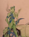 anthro blue_eyes butt car ear_piercing fur green_body green_fur looking_at_viewer looking_back male nude piercing rear_view simple_background smoking solo tattoo vehicle bossman1969 canid canine canis coyote mammal absurd_res hi_res traditional_media_(artwork)