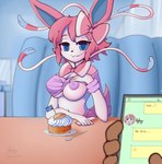 anthro areola bite biting_lip breasts cellphone chat clothed clothing duo electronics exhibitionism exposed_breasts female food hair holding_clothing holding_object holding_phone looking_at_viewer nipples pastry phone public purple_areola purple_nipples semla silverware simple_background swedish_flag text nachan nintendo pokemon eeveelution generation_6_pokemon mammal pokemon_(species) sylveon digital_media_(artwork) english_text hi_res