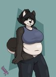 anthro belly_overhang big_breasts bite biting_lip bottomwear bottomwear_down bra breasts clothed clothing clothing_pull female overweight overweight_female pants pants_down partially_clothed solo sports_bra teasing underwear lonnyk kayla_(lonnyk) canid canine canis domestic_dog husky mammal nordic_sled_dog spitz hi_res