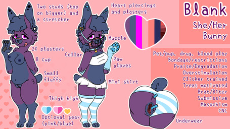 anthro bandage bandage_on_face bandage_on_nose bdsm bite black_nose blood_play blue_bandage blue_body blue_clothing blue_collar blue_footwear blue_fur blue_gloves blue_hair blue_handwear blue_legwear blue_muzzle blue_socks blue_stockings blue_tape blue_underwear bondage bottomwear bound brat_taming buckteeth clicker_training clitoris clothing collar collar_tag curly_hair degradation drug_play ear_piercing erect_nipples female footwear fur genitals gloves grey_pawpads hair handwear heart_piercing heart_symbol legwear list long_hair masochism miniskirt motivated multiple_piercings muzzle_(object) nipples overstimulation pattern_clothing pattern_footwear pattern_legwear pattern_socks pattern_stockings pattern_underwear paw_gloves pawpads petplay piercing pink_background praise_kink purple_body purple_fur pussy_tape rape_play restraints roleplay short_hair simple_background skirt socks solo spread_vulva spreading stockings striped_clothing striped_footwear striped_legwear striped_socks striped_stockings striped_underwear stripes stud_piercing studs submissive submissive_anthro submissive_female tape teeth text thigh_highs topwear treat tube_top underwear vulva vulva_spreading_tape white_bottomwear white_clothing white_footwear white_legwear white_miniskirt white_skirt white_socks white_stockings white_top white_topwear white_tube_top white_underwear sammywhich lagomorph leporid mammal rabbit 16:9 english_text model_sheet widescreen