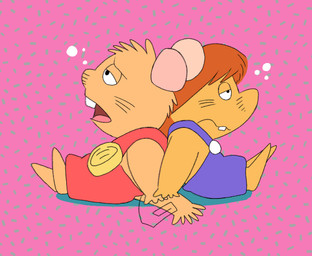 4_fingers anthro biped brown_body brown_hair chibi clothed clothing duo fingers hair open_mouth simple_background sitting tired hikari_gamba gamba_no_bouken gamba_no_bouken_(series) ganba ikasama mammal mouse murid murine rodent 2023