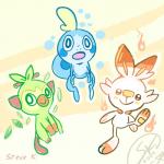 ambiguous_gender biped blue_body blue_eyes feral fire fur green_body green_eyes green_fur group leaf open_mouth orange_body orange_fur quadruped simple_background smile starter_trio trio water white_body white_fur stevedoodled nintendo pokemon amphibian generation_8_pokemon grookey lagomorph mammal pokemon_(species) primate scorbunny sobble 1:1 2019 digital_media_(artwork) signature