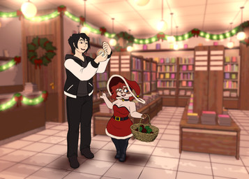anthro basket bottomwear breasts clothing container detailed_background duo female footwear hat headgear headwear holding_basket holding_container holding_object holidays hoodie inside looking_aside male pants red_clothing red_hat red_headwear santa_dress shirt shoes size_difference smile store topwear halcy0n christmas haley_baxter herpestid human mammal meerkat 2026 digital_media_(artwork) hi_res