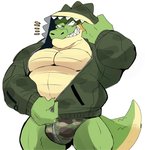 barazoku blush bulge clothing green_body hoodie humanoid_hands kemono male musclegut muscular one_eye_closed topwear underwear wink zipper zipper_topwear zipper_underwear hyaku_(artist) crocodile crocodilian reptile scalie 2021