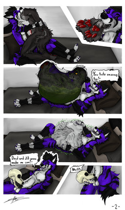 anthro balls bodily_fluids bone cum death digestion duo erection fatal_vore genital_fluids genitals male male/male nude oral_vore penis skull tail text vore eltho eltho_(character) canid canine canis fox mammal wolf absurd_res comic english_text hi_res