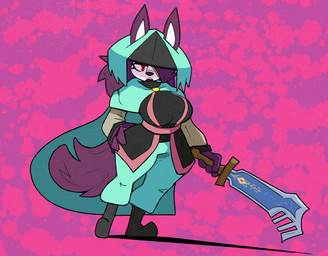 4_fingers abstract_background anthro big_breasts black_nose breasts clothed clothed_anthro clothed_female clothing cosplay eyelashes female female_anthro fingers front_view fully_clothed fully_clothed_anthro fully_clothed_female furgonomic_hat furgonomic_headwear furgonomics hair hair_over_eye hand_on_hip hat headgear headwear holding_melee_weapon holding_object holding_sword holding_weapon melee_weapon open_mouth red_eyes solo standing sword tail weapon cloudidoodles dust:_an_elysian_tail dust_(elysian_tail) kita_(cloudidoodles) canid canine canis jackal mammal 2022 absurd_res digital_drawing_(artwork) digital_media_(artwork) full-length_portrait hi_res portrait