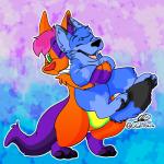 anthro black_body black_fur blue_body blue_fur blue_hair duo eyes_closed feet fluffy fluffy_tail fur green_eyes hair hug hugging_another hugging_from_behind male male/male one_eye_closed open_mouth orange_body orange_fur outline pawpads paws pink_hair purple_body purple_fur smile suspension tail toes tongue young young_anthro owl_patch blue_the_mad_roo dexthefolf canid canine canis fox hybrid kangaroo macropod mammal marsupial wolf 1:1 2019 digital_media_(artwork) hi_res