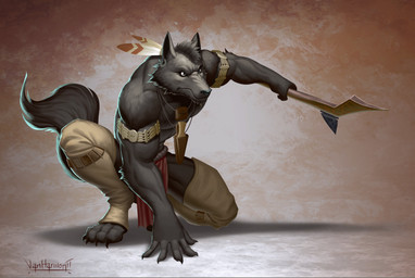 anthro bottomwear claws clothing crouching determined ear_piercing ear_ring fur grey_body grey_fur grey_hair hair holding_object holding_staff jewelry looking_up loose_feather male muscular muscular_male pants pendant piercing ring_piercing solo staff tail vanharmontt canid mammal 2025 absurd_res digital_media_(artwork) hi_res