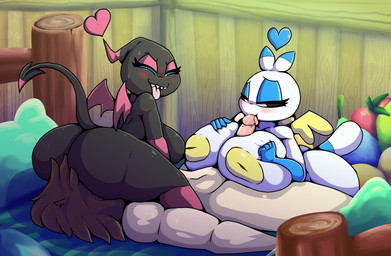 anthro bed big_breasts big_butt black_body blue_eyes blush breast_play breasts butt facesitting fellatio female furniture genitals inverted_nipples male nipples oral penile penis sex sitting sitting_on_another thick_thighs titfuck tongue tongue_out white_body wide_hips wings iguanasarecool sega sonic_the_hedgehog_(series) chao_(sonic) dark_chao hero_chao human mammal hi_res