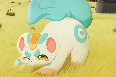 ass_up feral fur fur_markings kemono looking_at_viewer male markings one_eye_closed outside round_ears solo white_body white_fur hirochanu fabulous_beasts mythology tianlu_(fabulous_beasts) mythological_creature pixiu 2026 3:2 hi_res