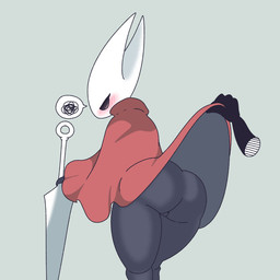 ambiguous_gender biped black_eyes butt cloak clothed clothing clothing_lift duo eyelashes female fingers holding_melee_weapon holding_object holding_weapon melee_weapon rear_view red_cloak red_clothing standing weapon osakana2gou hollow_knight_(franchise) team_cherry hornet_(hollow_knight) arthropod 1:1